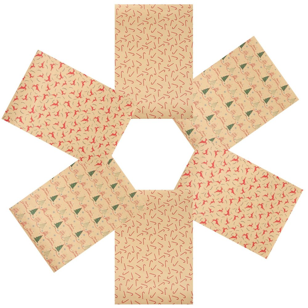 DIYEAH Christmas Wrapping Kraft Paper Sheets 6pcs with Christmas Tree, Reindeer, Candy Cane Designs Flat Packaging Sheets for Holiday Wrapping and Xmas Party Supplies