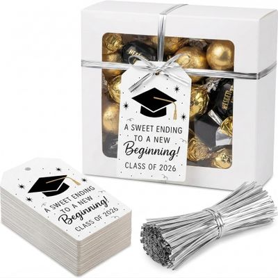 Dsimneax Class of 2026 Graduation Tags: Smudge-Free Writable Cardstock 40Pcs 2x3.5 Rectangular Hanging Labels with 40 Metallic Ties for Gift Bags, Favor Jars, Flower Bouquets & Senior Party Decor