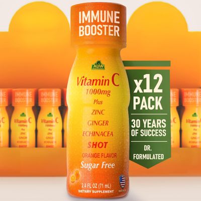 ALFA VITAMINS Vitamin C Shot 1000mg with Zinc, Ginger & Echinacea Supports Immune Health & Daily Wellness Orange Flavor 2.4 FL Oz Bottle 12 Pack