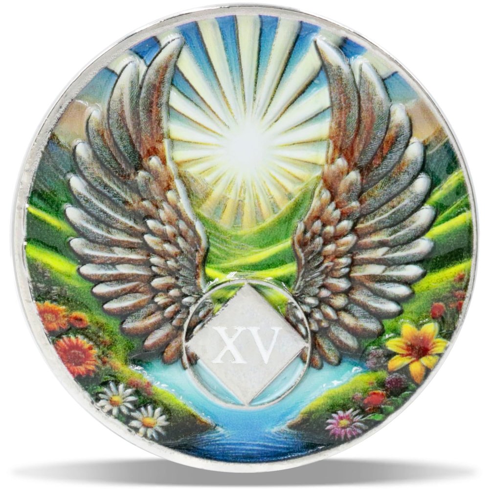 15 Year Angel Wings Sobriety Coin Radiant Sunrise NA Medallion Spiritual Token for Recovery & Clean Time Empowering NA AA Chips Gift for Men & Women