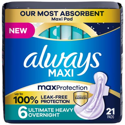 Always Maxi Overnight Feminine Pads with Wings for Women, Size 6, Ultimate Heavy Overnight Absorbency, Unscented, Up to 100% Leak-Free Protection, 21 Count