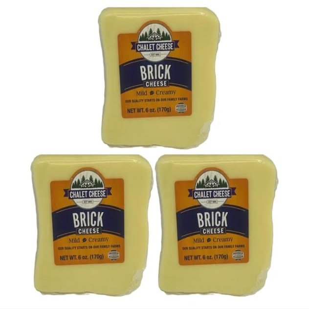 Brick Cheese 3-Pack Traditional Wisconsin Brick Cheese, Mild & Creamy Semi-Soft Cheese, Classic Midwest Specialty