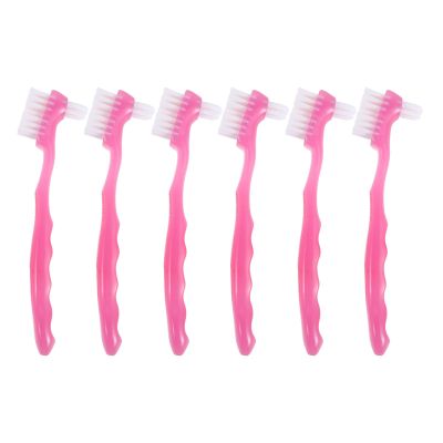 IWOWHERO 6pcs Soft Denture Tooth Brush for Adults - Ergonomic Dual-Sided False Teeth Cleaner Brush - Deep Cleaning Dental Appliance Care Tool for Home Travel Rosy