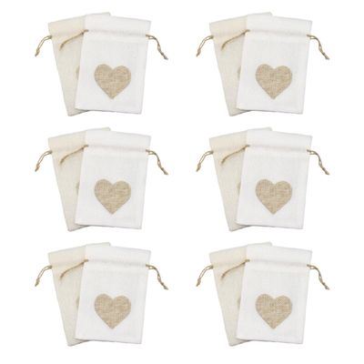 ERINGOGO 12pcs Linen Drawstring Bags, White and Cream Burlap Pouches with Heart Design, Party Favor Storage Pouches for Festival Supplies, Candy, Souvenirs, and Wedding