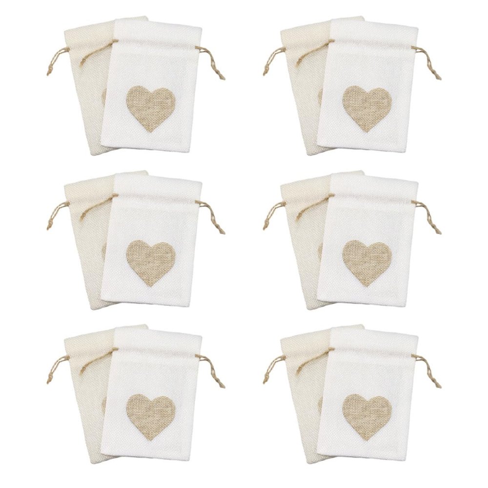 ERINGOGO 12pcs Linen Drawstring Bags, White and Cream Burlap Pouches with Heart Design, Party Favor Storage Pouches for Festival Supplies, Candy, Souvenirs, and Wedding