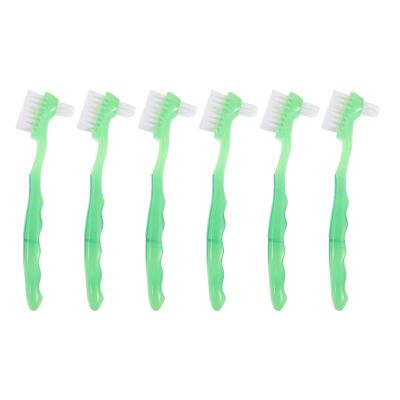 HONITANO 6pcs Dual-Ended Denture Brush for False Teeth - Ergonomic Handle Toothbrush with Soft Bristles - Green Oral Cleaning Tool for Elderly Denture Care Deep Clean