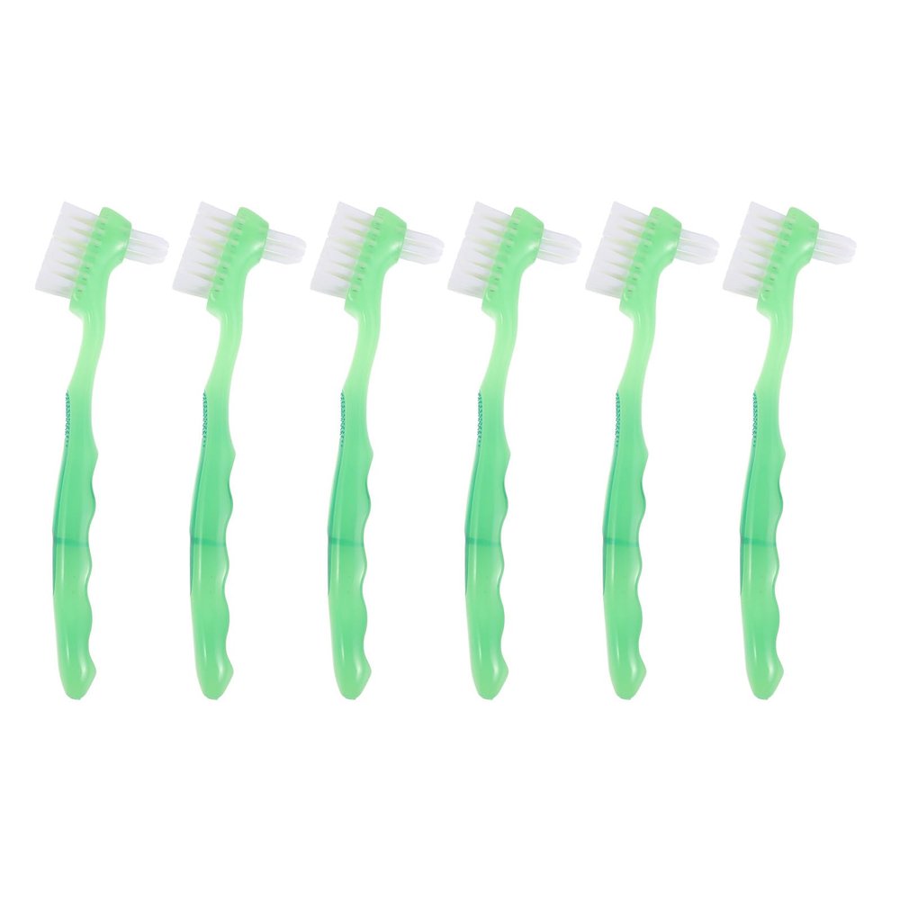 HONITANO 6pcs Dual-Ended Denture Brush for False Teeth - Ergonomic Handle Toothbrush with Soft Bristles - Green Oral Cleaning Tool for Elderly Denture Care Deep Clean