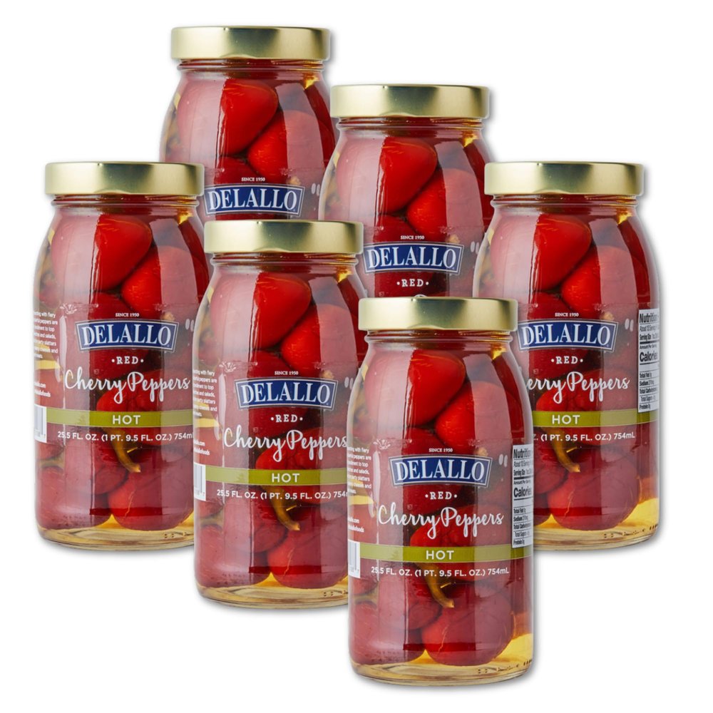 DeLallo Red Hot Cherry Peppers, Pickled and Packed in Vinegar Brine, Spicy Sweet Flavor, Naturally Cured, Non-GMO, Gluten Free, Vegan, 25.5 oz Jar (6 Pack)