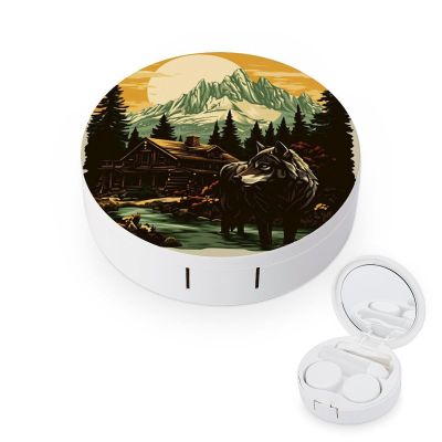 haigof Mountain Wolf Forest Scene Contact Lens Case Contact Lens Box Holder Storage Kit with Mirror for Travel Daily 3.1 In