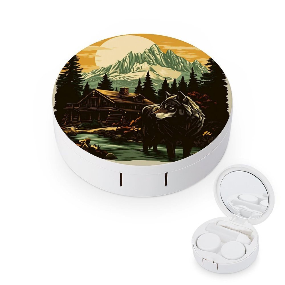 haigof Mountain Wolf Forest Scene Contact Lens Case Contact Lens Box Holder Storage Kit with Mirror for Travel Daily 3.1 In