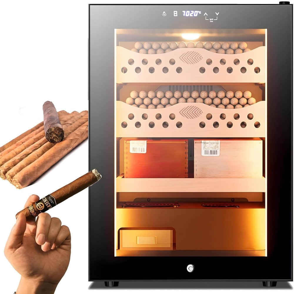 50L Electric Cigar Cooler Cabinet Cigar Humidor with Cedar Wood Drawers Shelves Temperature Humidity Control for 200+ Cigars(Ciger)