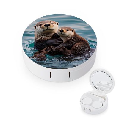 haigof Sea Otters Playing Water Swim Contact Lens Case Contact Lens Box Holder Storage Kit with Mirror for Travel Daily 3.1 In