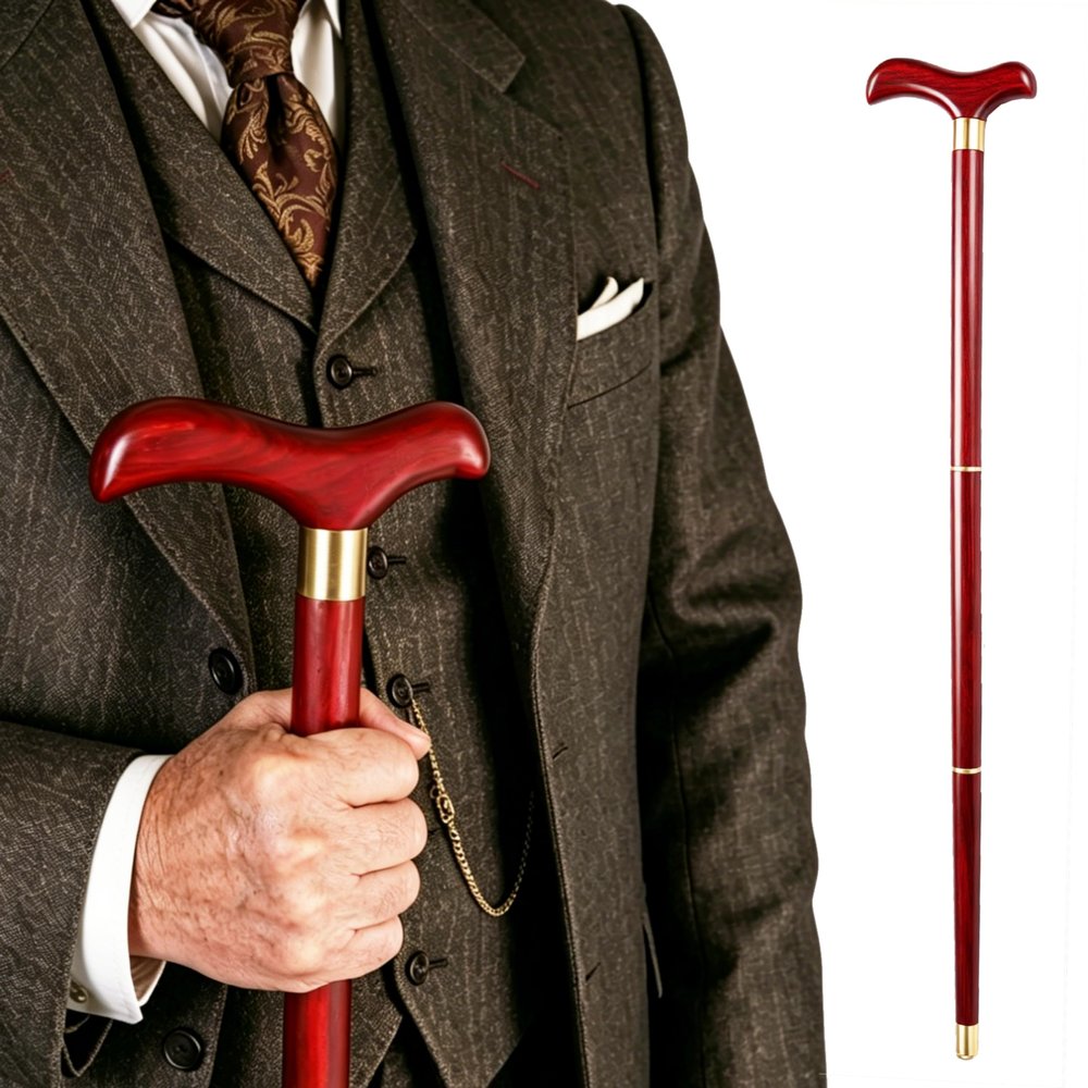 Uojeeong Handcrafted Solid Wood Walking Cane, 3-Section Detachable Brass Joints, Ergonomic Curved Handle, Heavy Duty 400+ lbs Support, Lightweight 0.88 lbs, Anti-Slip Rubber Tip, 34.6 in