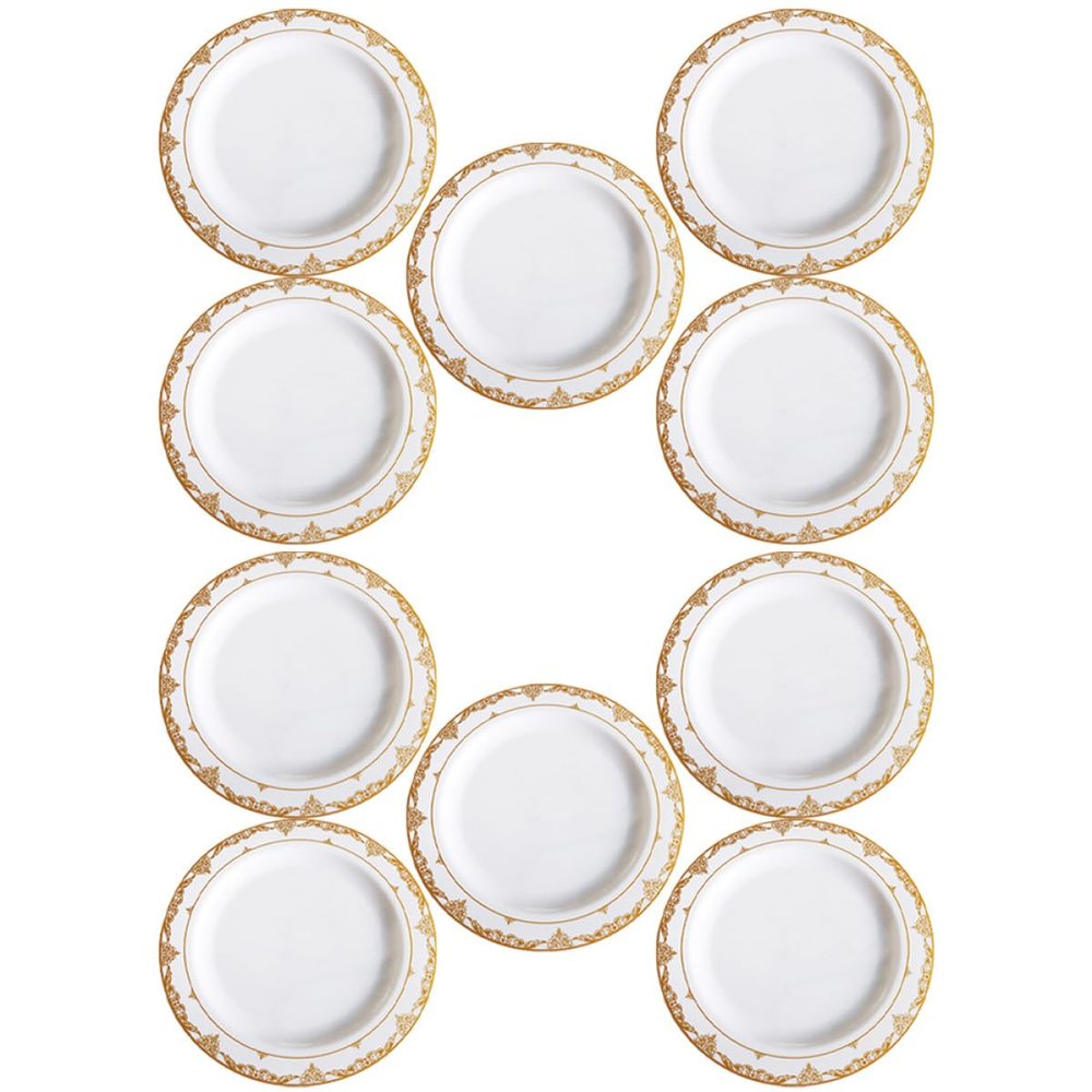 ARTIBETTER 10pcs White Plastic Decorative Serving Plates with Gold Lace Rim 7.5 Inch Disposable Dinner Plates for Party Barbecue Cake Meals