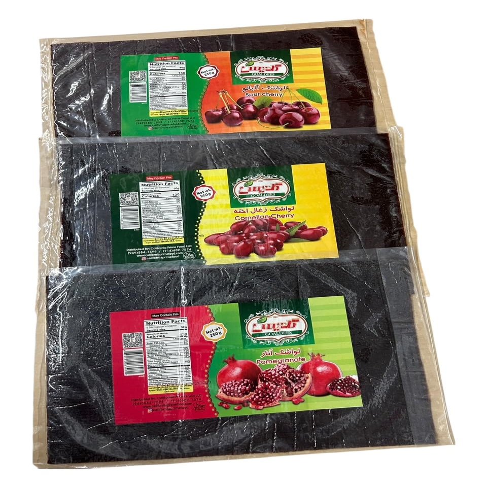 Fruit Leather () Lavashak Cornelian Cherry, Pomegranate & Sour Cherry Mix, Persian Style Natural Tart Snack, Pack of 3-10 oz (750g) total