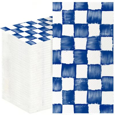 100 Pack Blue White Plaid Disposable Hand Towels for Bathroom Paper Towels for Guests Watercolor Royal Blue Checkered Guest Dinner Napkins Decorative Paper Hand Towels for Wedding Birthday Anniversary
