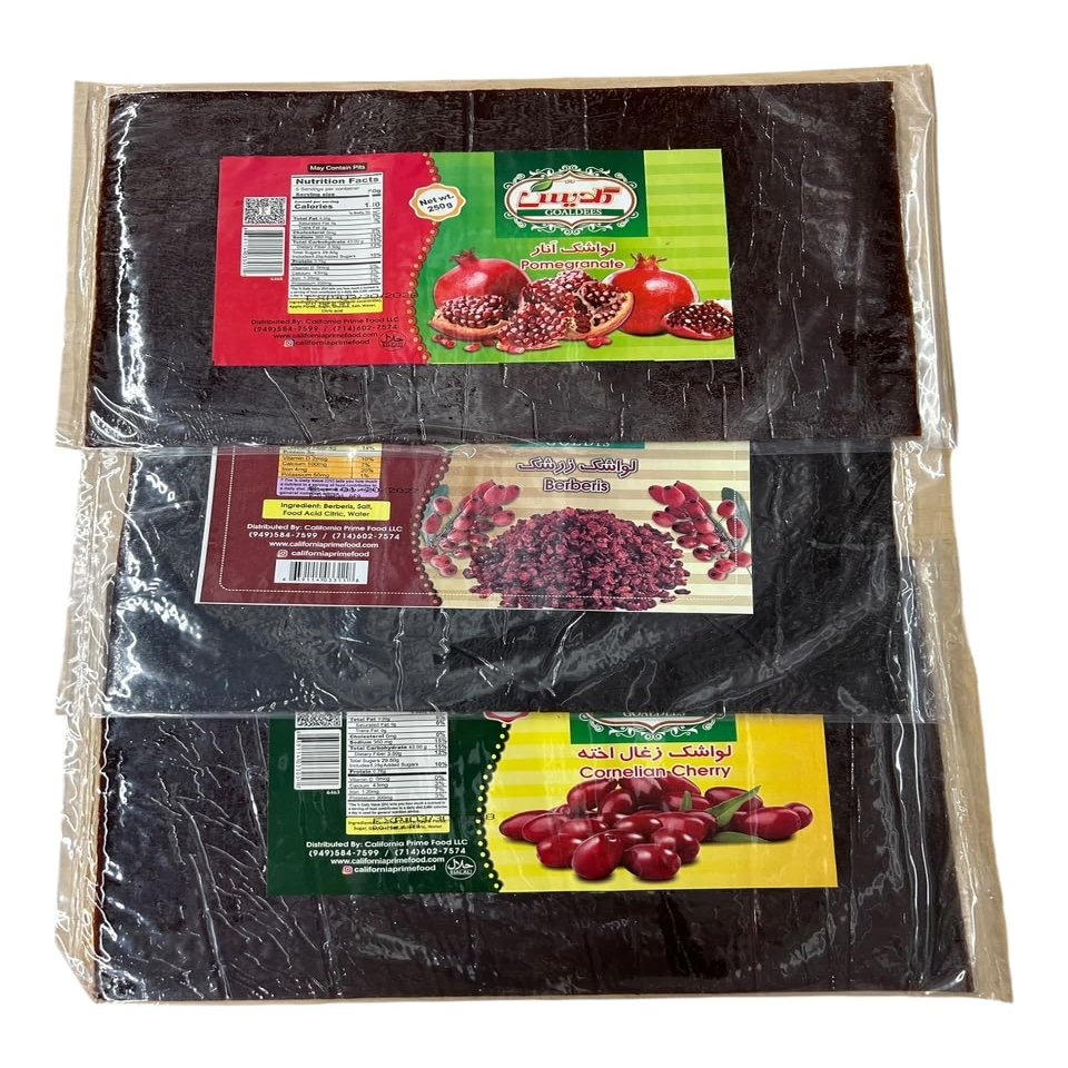 Fruit Leather () Lavashak Cornelian Cherry, Pomegranate & berberis Mix, Persian Style Natural Tart Snack, Pack of 3-10 oz (750g) total
