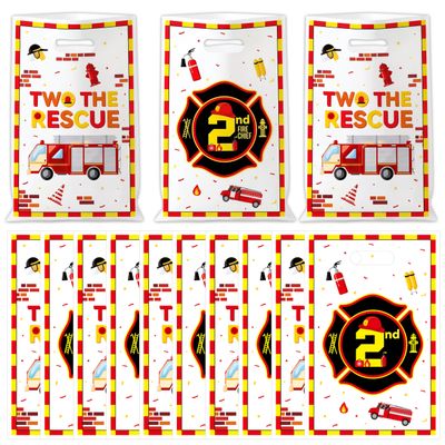 Haooryx Two the Rescue Party Bags - 50Pcs Firefighter 2nd Birthday Plastic Gift Bag Red Yellow Fire Truck Gift Warp Goodie Candy Treat Bags with Handle for Kids Two Years Old Birthday Party Supplies