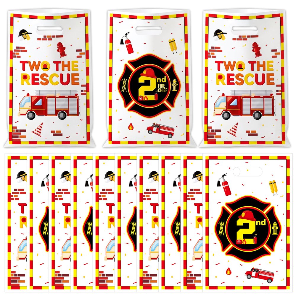 Haooryx Two the Rescue Party Bags - 50Pcs Firefighter 2nd Birthday Plastic Gift Bag Red Yellow Fire Truck Gift Warp Goodie Candy Treat Bags with Handle for Kids Two Years Old Birthday Party Supplies