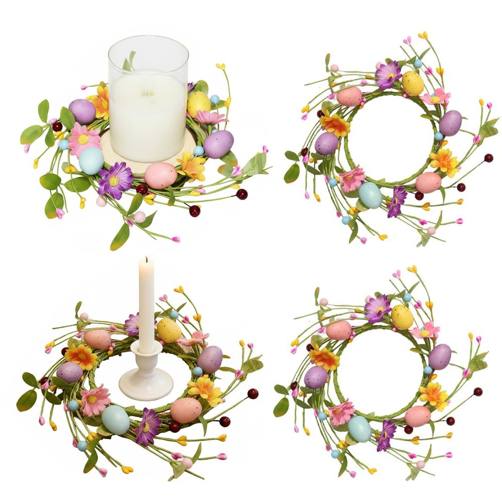 Easter Candle Rings with Speckled Eggs, 4 Pack 10.6" Mini Wreaths for Kitchen Cabinets | Spring Artificial Flower Pillar Candle Holder, Table Centerpiece & Window Decor (Multi)