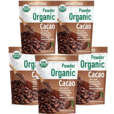 452g/5pack, (5 Lbs - 80 Oz), Ultra-Fine Organic Cacao Powder Gourmet Baking Grade, Non-Alkalized Pure Cocoa for Brownies & Cookies, Dairy-Free, Vegan Certified, Resealable Bag