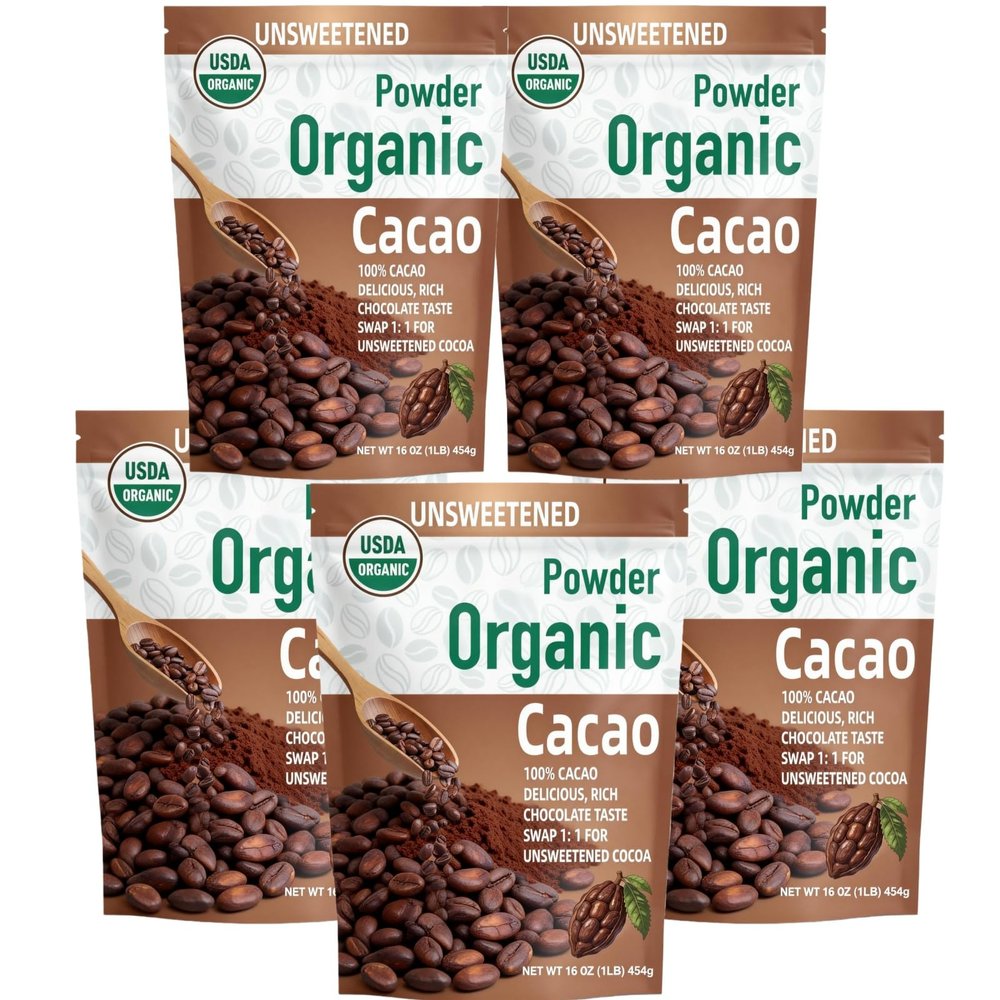 452g/5pack, (5 Lbs - 80 Oz), Ultra-Fine Organic Cacao Powder Gourmet Baking Grade, Non-Alkalized Pure Cocoa for Brownies & Cookies, Dairy-Free, Vegan Certified, Resealable Bag