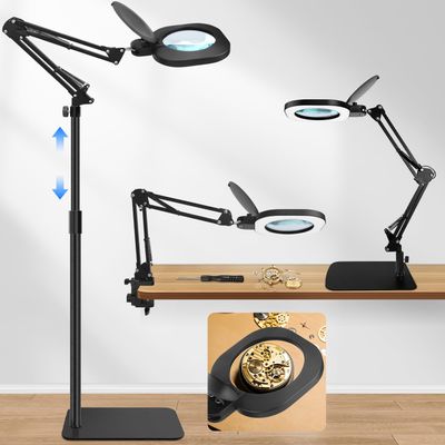 15X Real Glass Magnifying Lamp, 3-in-1 LED Desk Lamp with Base Clamp & Floor Stand, 5 Color Modes Stepless Dimmable, Adjustable Swing Arm, for Mom Sewing Reading Repair