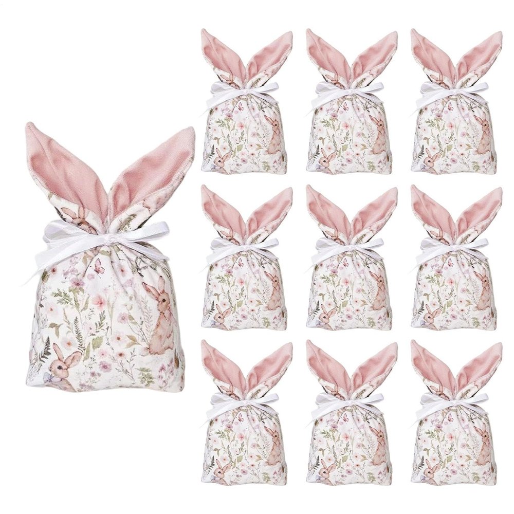 10 Pcs Easter Velvet Bunny Gift Bags with Drawstring, Easter Treat Bags Cute Rabbit Ear Candy Goodie Reusable Party Favors for Birthday Party Egg Hunt Stuffer Basket Holiday Decoration