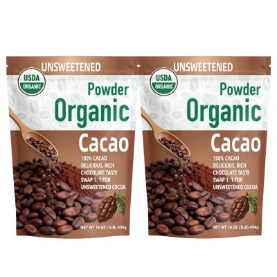 452g/2pack, (2 lbs - 32 Oz), Raw Organic Cacao Powder - Cold-Processed Unsweetened Cocoa, High Antioxidant Superfood for Protein Shakes & Hot Chocolate, Keto/Paleo Friendly
