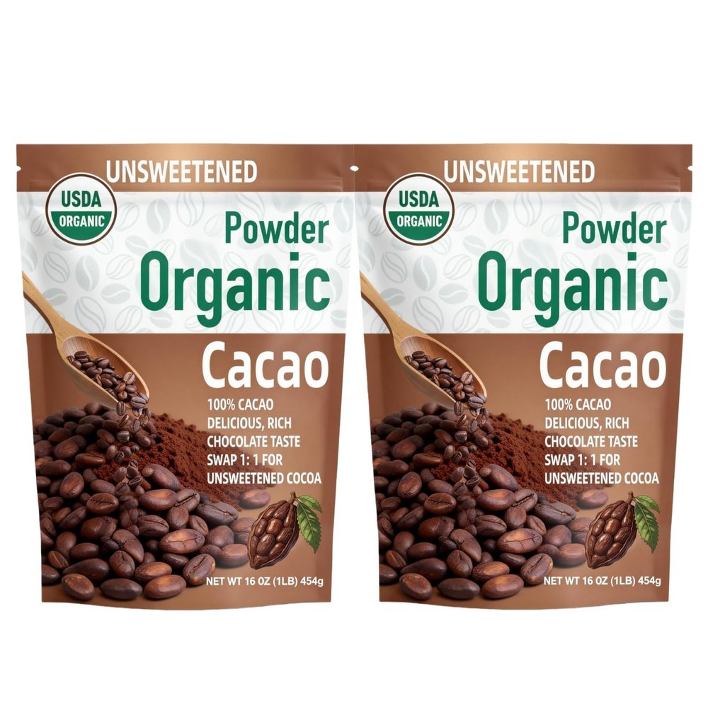 452g/2pack, (2 lbs - 32 Oz), Raw Organic Cacao Powder - Cold-Processed Unsweetened Cocoa, High Antioxidant Superfood for Protein Shakes & Hot Chocolate, Keto/Paleo Friendly