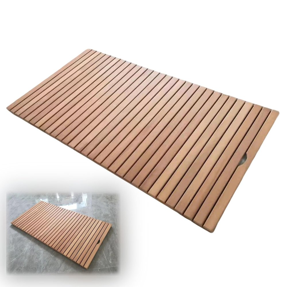 44in 40in 36in 32in 28in 24in 20in Large Customizable Teak Shower Floor Mat, Square Bath Mats for Non Slip with Drain Hole, Yard Patio/Spa/Sauna/Rv Hot Tub Footrest(20x36in(50x91cm))