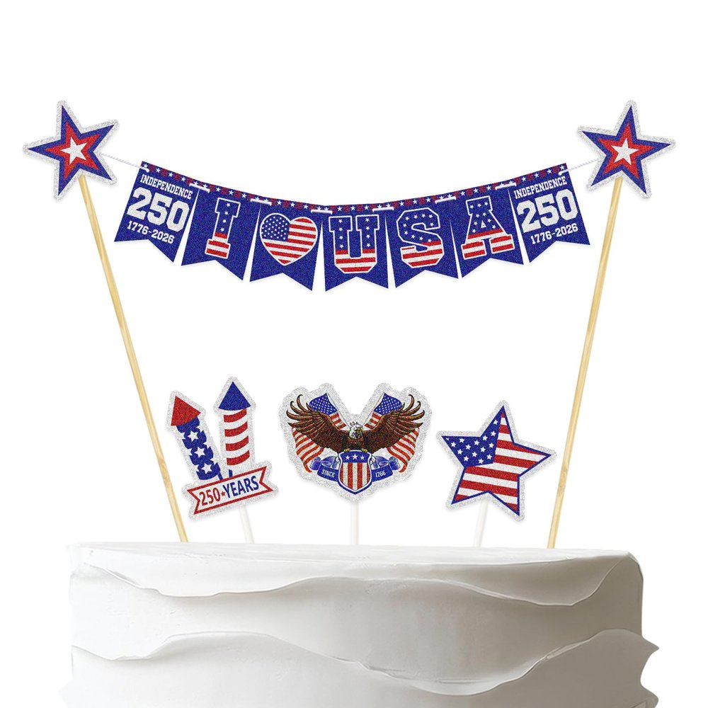 I Love USA Cake Bunting Topper,Pre-Strung USA 250th Anniversary Cake Decor,United States 250 Years Cake Decor,4th of July America 250th Birthday Party Decorations