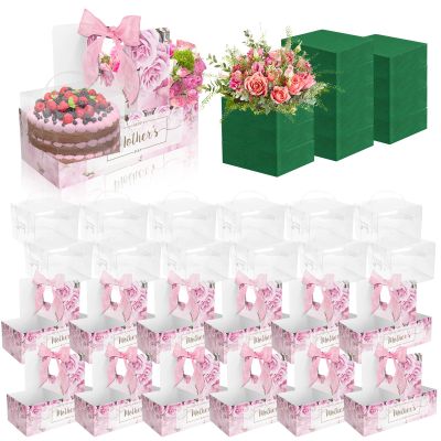 12 Set Mother's Day Cake Flower Gift Boxes with 12 Pcs Transparent PVC Cake Boxes 12 Floral Foam Ribbon Set Flower Bouquet Packaging Gift Boxes for Mother's Day Mom Wife Birthday Holiday Gift Party