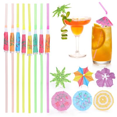 [100 Pcs] Cocktail Drink Umbrellas Straws and Picks - 9.45" Colorful Straw & 4" Cocktail Umbrella for Drinks, Party Straws and Toothpicks for Luau, Tropical, Aloha, Hawaiian, Tiki Bar Decorations