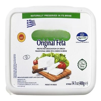 Original PDO Feta Cheese, is an original Greek feta cheese naturally preserved in brine. The cheese is made from pasteurized sheep and goat milk. Product of Greece. [ 14.1 oz, 0.88 lb ]
