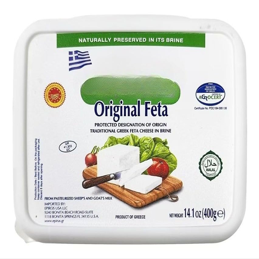 Original PDO Feta Cheese, is an original Greek feta cheese naturally preserved in brine. The cheese is made from pasteurized sheep and goat milk. Product of Greece. [ 14.1 oz, 0.88 lb ]