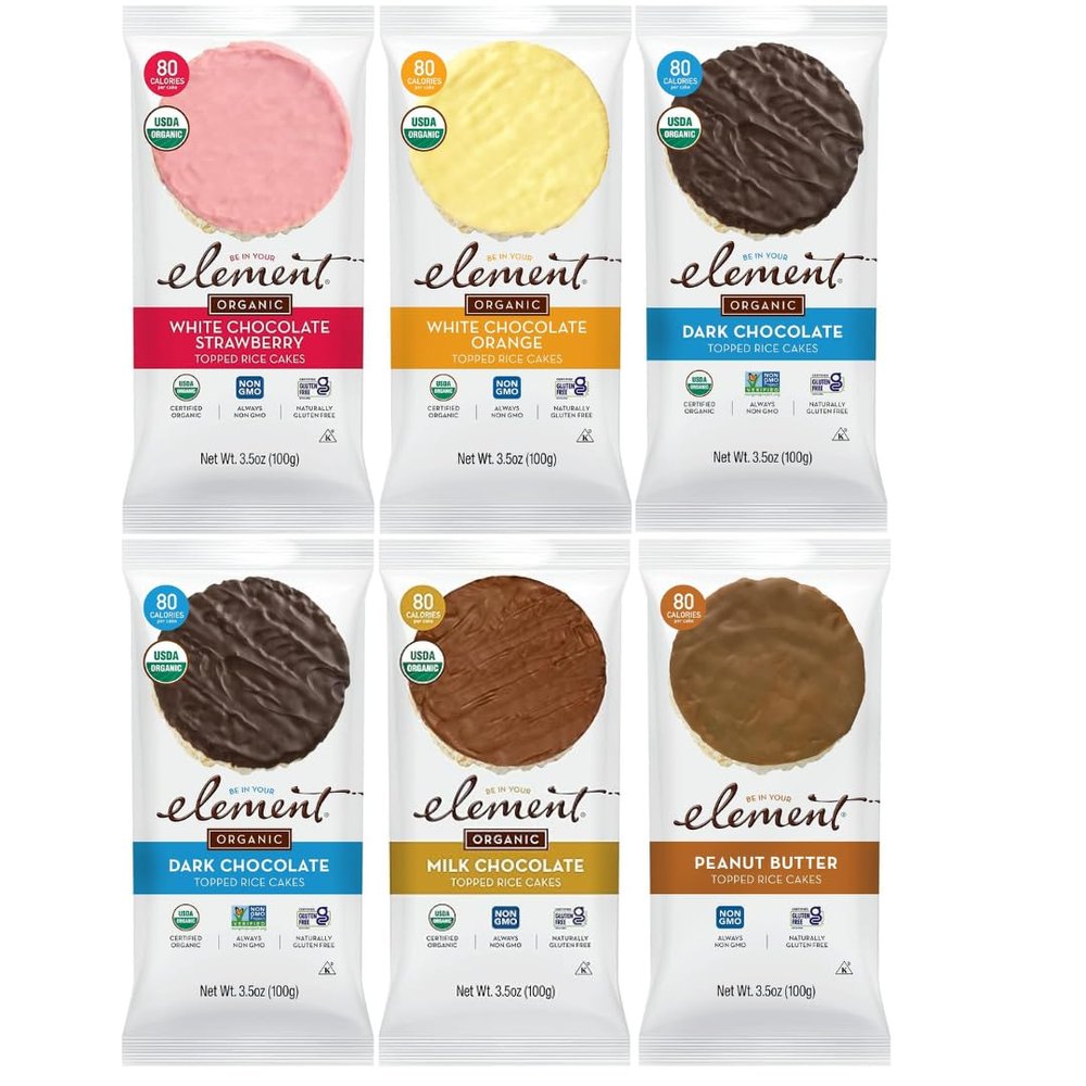 Element Snacks Rice Cake Variety Pack (6 Pack) Strawberry & Cream, Peanut Butter, Mini Dark Chocolate, Milk Chocolate, Vanilla Orange & Dark Chocolate Light Crispy Snack for Home, Work, Events & On-the-Go