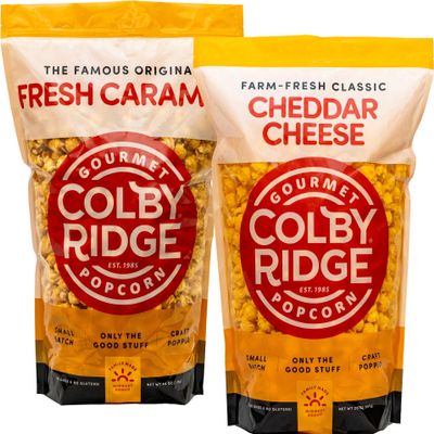 Colby Ridge 4 Gallon Gourmet Craft Popped Gluten Free Popcorn Snack Sized Large 2-Pack Pouches (Fresh Caramel and Cheedar Cheese)