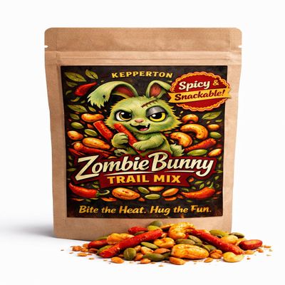 Kepperton Zombie Bunny Trail Mix - Spicy Easter Snack Mix with Peanuts, Roasted Pepitas, Red Hot Churritos, Cashews - Novelty Bunny Gift, Springtime Treat, Snack Pouch
