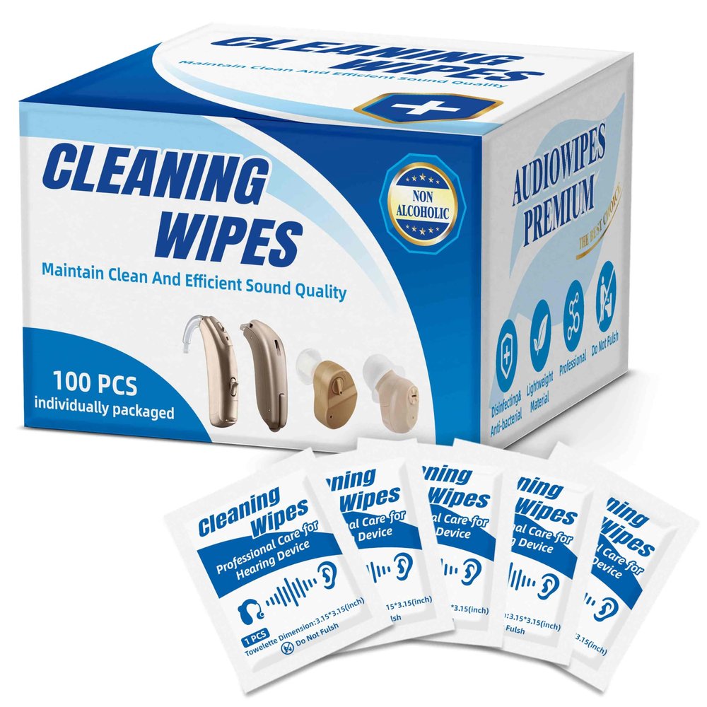 100 Count Hearing Aids Cleaning Wipes Individually Packaged Hearing Aid Audio Wipe Cleaning Towelette Tool Kit Supplies Hearing Aid Accessories Suitable for Hearing Amplifier, Earmold, Earbuds, Earwax