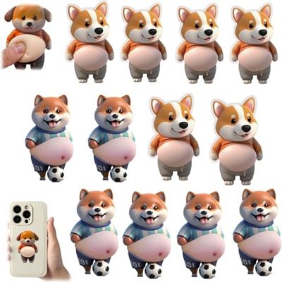 12pc 3D Shiba Inu Dog Belly Stickers, Super Soft Silicone Dimensional Belly Anti-Collision Sticker, Cute Cartoon Big Bellys Puppy Cushioned Protectors Stickers for Phones, Cars & Home Use