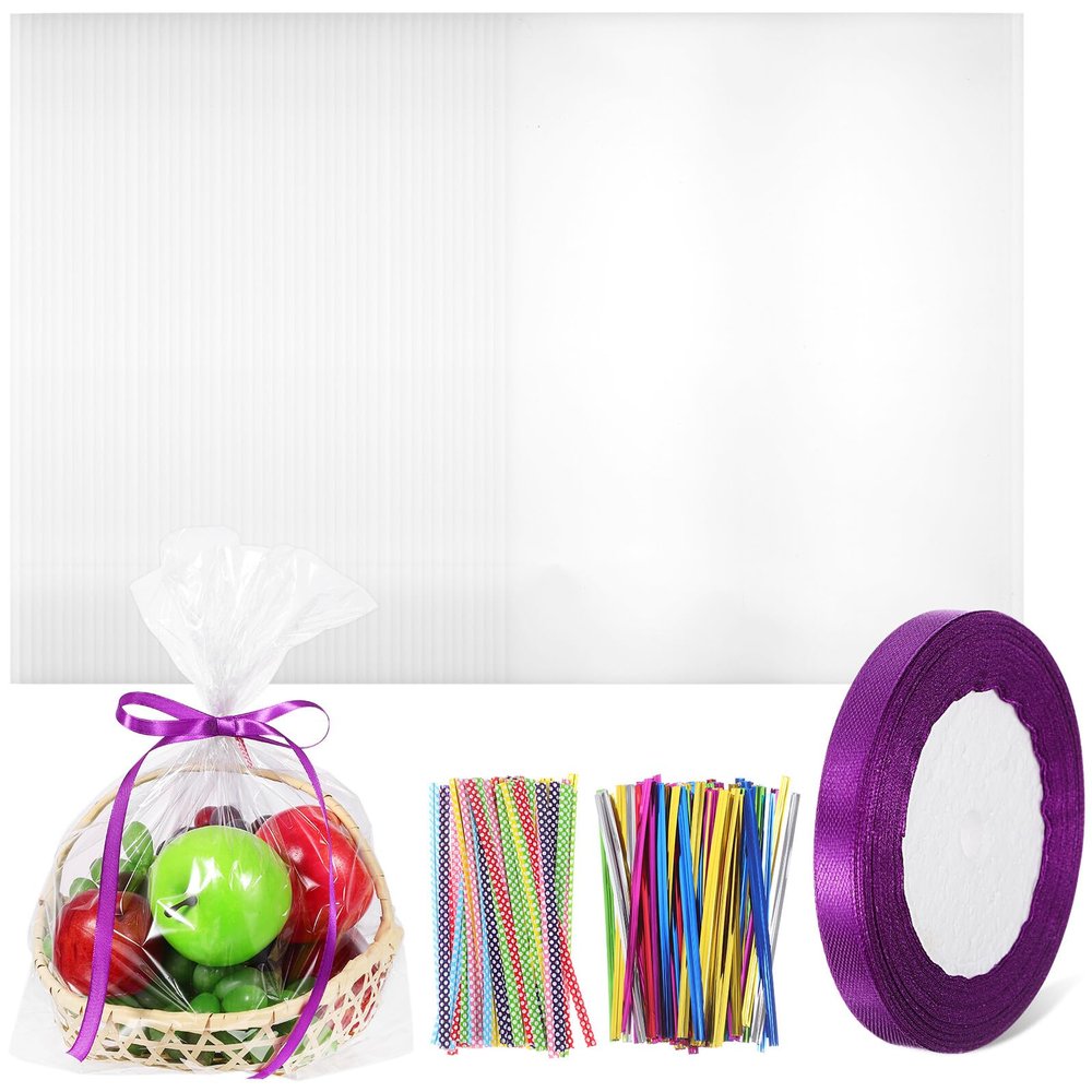 CALLARON Cellophane Bags 35x45cm 100pcs with 100 Mixed Color Metal Twist Ties and Purple Ribbon for Party Candy Cookie Dessert Snack Wrapping and Basket Packaging Random Color