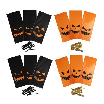 ARTSEWPLY Halloween Pumpkin Candy Storage Bags 240pcs (2 Packs of 120pcs) with Tie Wires, Plastic Wrapping Pouches for Treats, Party Favors, and Festival Packaging