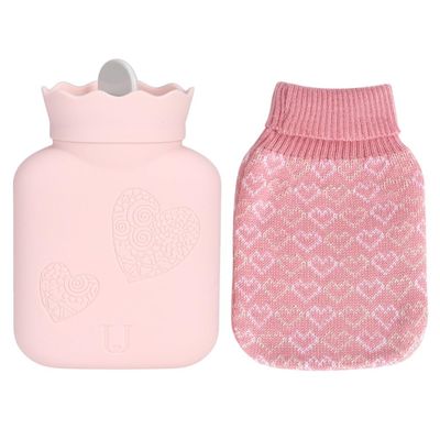 MOPFOL 500ml Silicone Hot Water Bottle with Knitted Cover Leak-Proof Portable Reusable Hand Warmer for Home Warmth and Travel(Pink)