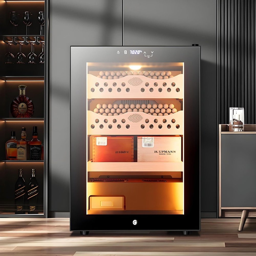 50L Electric Cigar Humidor Cabinet with Silent Heating Cooling System Spanish Cedar Wood Shelves Drawer for Cigars Storage