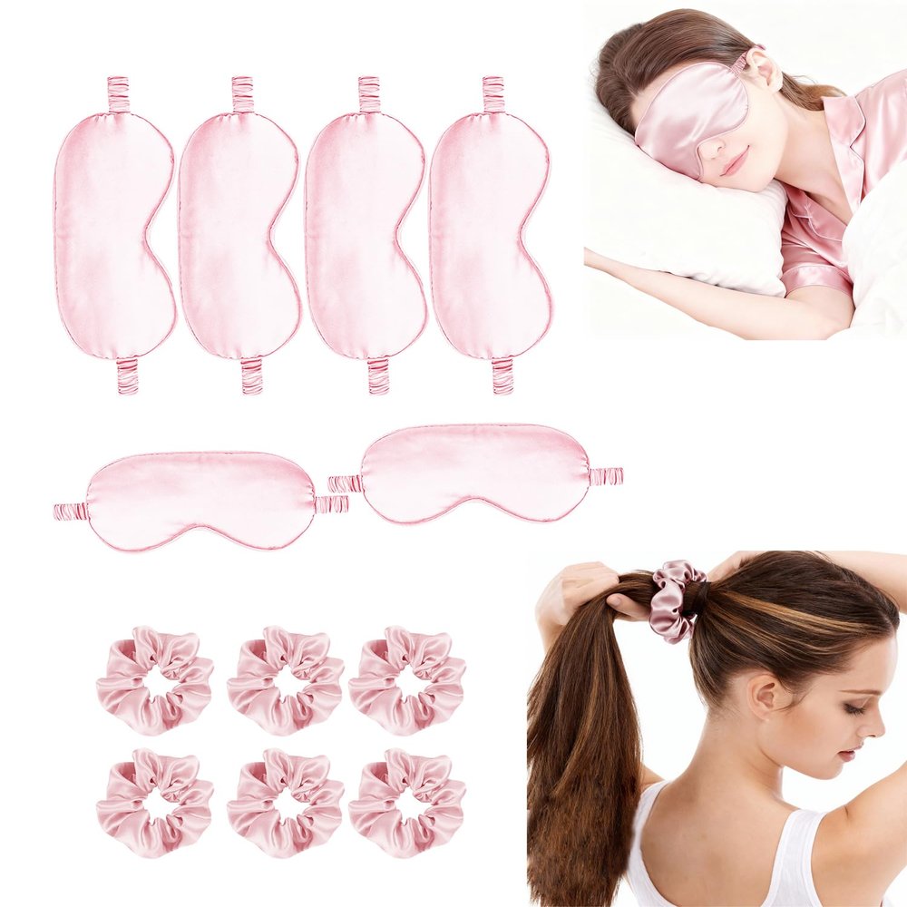 12Pcs Silk Sleep Masks Satin Eye Mask Silky Eyes Cover Blindfold Eyeshade Hair Ties Scrunchy Travel Bridesmaids Gifts