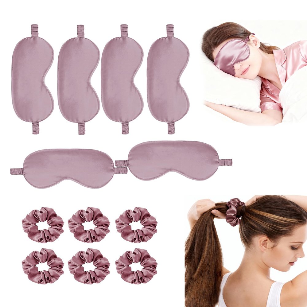 12Pcs Silk Sleep Masks Satin Eye Mask Silky Eyes Cover Blindfold Eyeshade Hair Ties Scrunchy Travel Bridesmaids Gifts