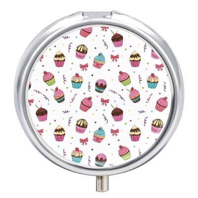 VAFZASC Round 3 Compartment Pill Organizer Sunmmer Colorful Ice Cream Cake, Cute Metal Pill Case with Mirror for Purse Pocket