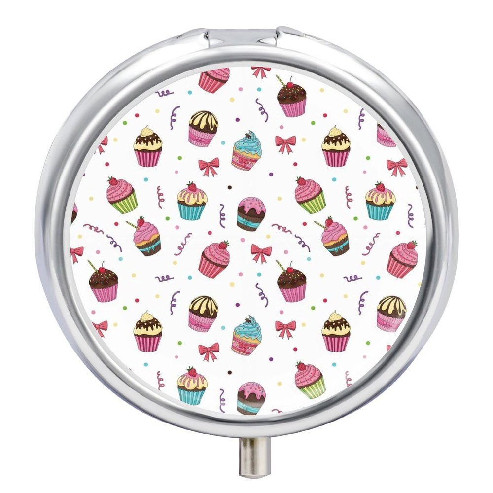 VAFZASC Round 3 Compartment Pill Organizer Sunmmer Colorful Ice Cream Cake, Cute Metal Pill Case with Mirror for Purse Pocket
