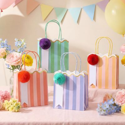 Gersoniel 24 Pcs Pastel Stripe Paper Gift Bags with Honeycomb Ball and Tag Colorful Scalloped Treat Bags with Handles Candy Goodie Bag Bulk for Birthday Baby Shower Wedding Party Favors Supplies
